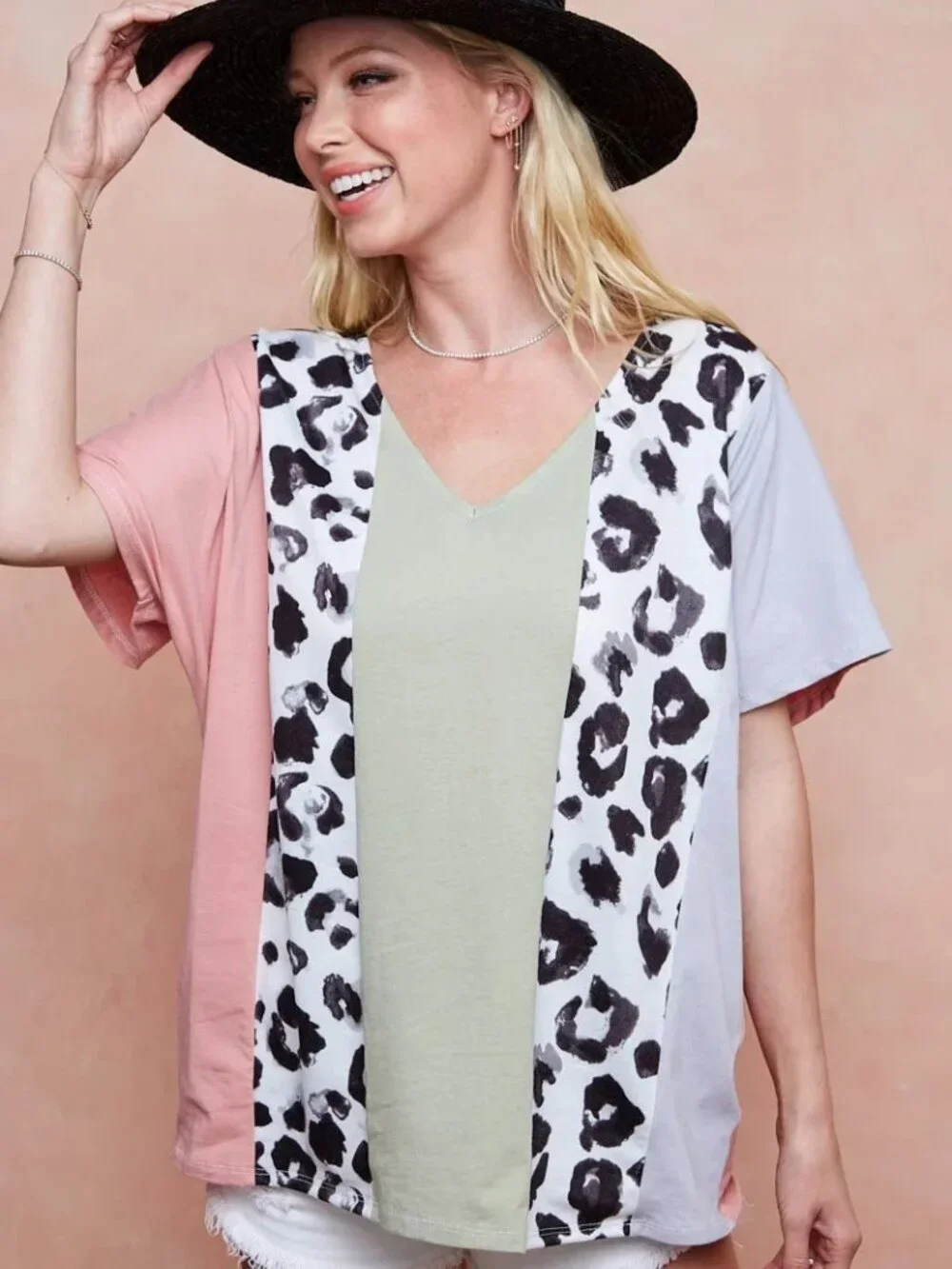 BiBi Cotton Span Knit With Leopard Color Block Top